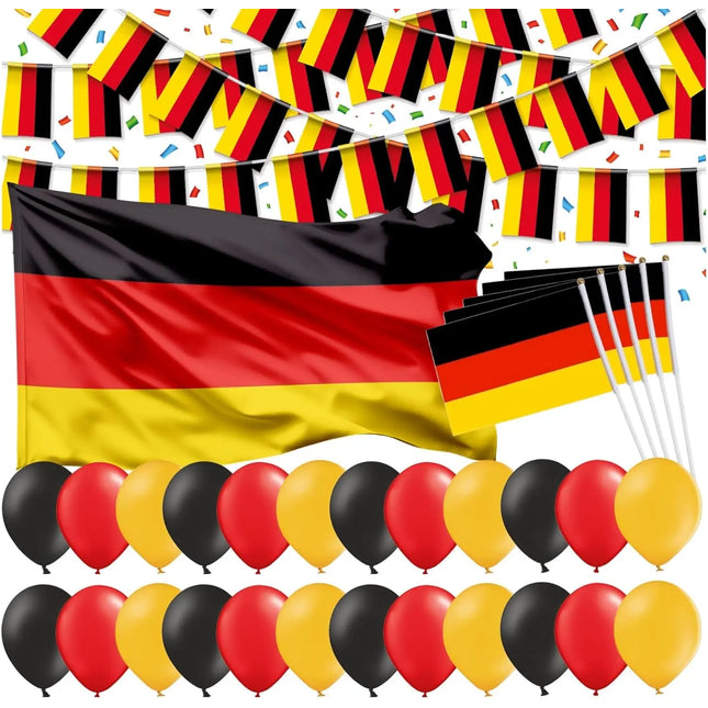 XXL Deutschland Deko Dekoration Set Fanartikel Tischdekoration mit über 50 Teilen wie Luftballons & Wimpelkette & Servietten für Fußball WM 2026 Weltmeisterschaft (XXL Set mit Fahne)