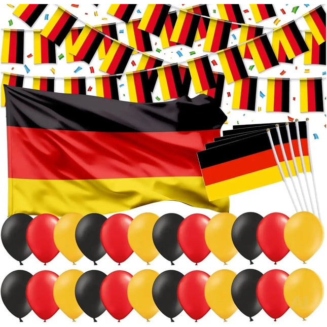 XXL Deutschland Deko Dekoration Set Fanartikel Tischdekoration mit über 50 Teilen wie Luftballons & Wimpelkette & Servietten für Fußball WM 2026 Weltmeisterschaft (XXL Set mit Fahne)