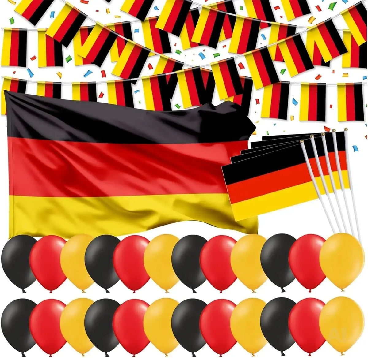 XXL Deutschland Deko Dekoration Set Fanartikel Tischdekoration mit über 50 Teilen wie Luftballons & Wimpelkette & Servietten für Fußball WM 2026 Weltmeisterschaft (XXL Set mit Fahne)