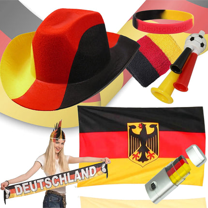XXL Deutschland Fanartikel für EM und WM Set mit Hut - 8 Teilig, für Damen & Herren