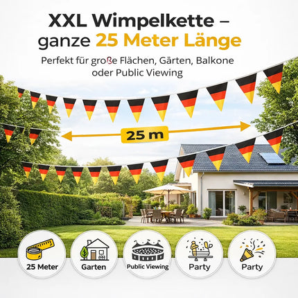 XXL Deutschland Wimpelkette 25 Meter – Schwarz Rot Gold Girlande Deko zur Fußball WM 2026 Weltmeisterschaft
