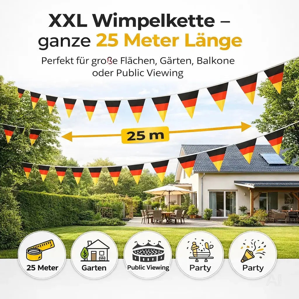 XXL Deutschland Wimpelkette 25 Meter – Schwarz Rot Gold Girlande Deko zur Fußball WM 2026 – Detailansicht 6