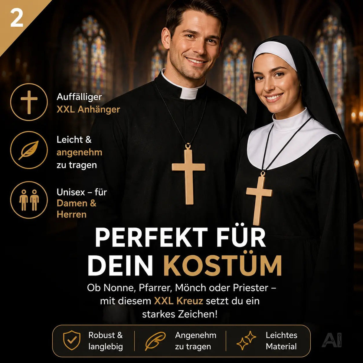 XXL Kreuz Kette Halskette Kreuzanhänger – Accessoires zum Kostüm für Fasching und Karneval – Detailansicht 6