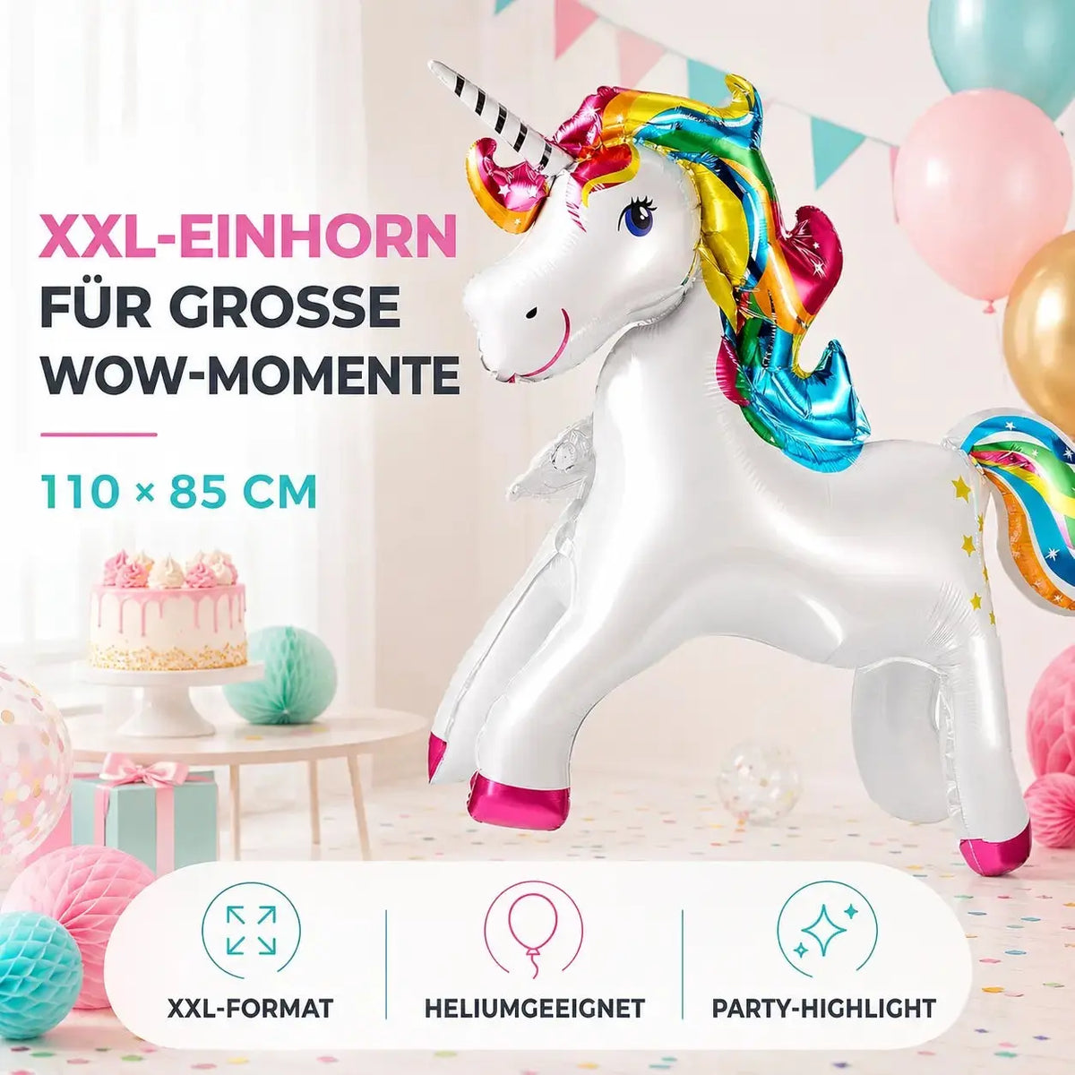 XXL Luftballon Einhorn Größe 110 x 85 cm Folienballon Einhornballon als Ballon Heliumballon – Detailansicht 3