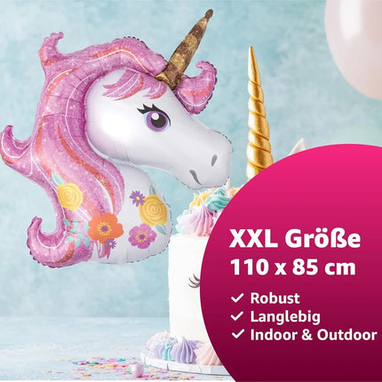 XXL Luftballon Einhorn Pink 110 x 85 cm - Helium Ballon für Kindergeburtstag, Unicorn Party & Dekoration