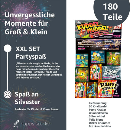 XXL Set 180 Teile Kuddelmudel - 3 in 1 Jugendfeuerwerk Tischfeuerwerk für Partys & Feuerwerk Silvester Kat. F1