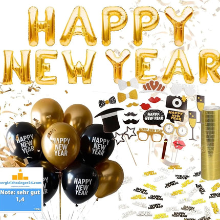 XXL Silvester Deko 2025 Set - WIEDERVERWENDBAR Happy New Year - Neujahrsdeko - New Year Decoration - mit Luftballons, Luftschlangen, Latexballons, Konfetti uvm als Dekoration zu Neujahr