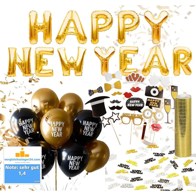 XXL Silvester Deko 2025 Set - WIEDERVERWENDBAR Happy New Year - Neujahrsdeko - New Year Decoration - mit Luftballons, Luftschlangen, Latexballons, Konfetti uvm als Dekoration zu Neujahr