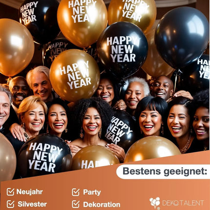 XXL Silvester Deko 2025 Set - WIEDERVERWENDBAR Happy New Year - Neujahrsdeko - New Year Decoration - mit Luftballons, Luftschlangen, Latexballons, Konfetti uvm als Dekoration zu Neujahr
