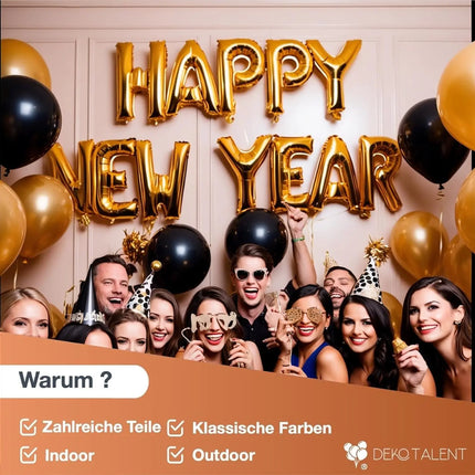 XXL Silvester Deko 2025 Set - WIEDERVERWENDBAR Happy New Year - Neujahrsdeko - New Year Decoration - mit Luftballons, Luftschlangen, Latexballons, Konfetti uvm als Dekoration zu Neujahr