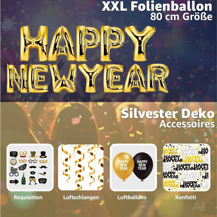 XXL Silvester Deko 2026 Set - WIEDERVERWENDBAR Happy New Year