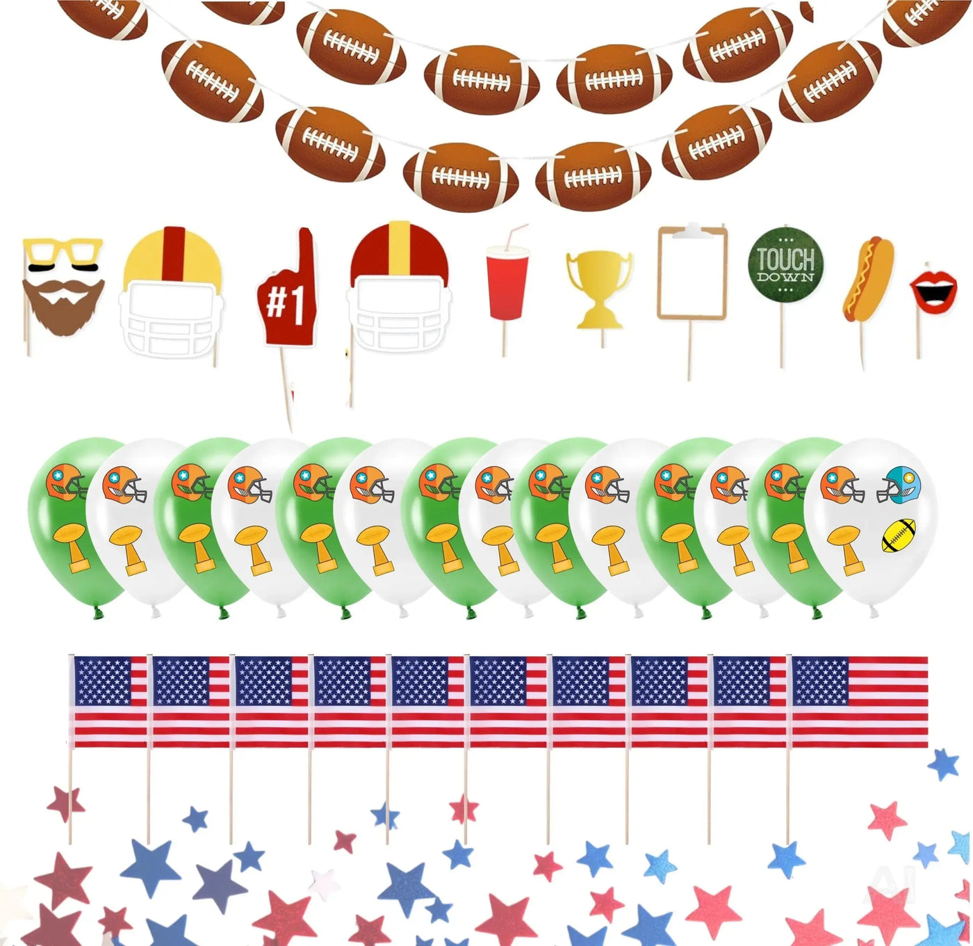 XXL Super Bowl Deko American Football NFL Dekoration Set über 100 Teile, Luftballons, Girlande, Konfetti UVM.