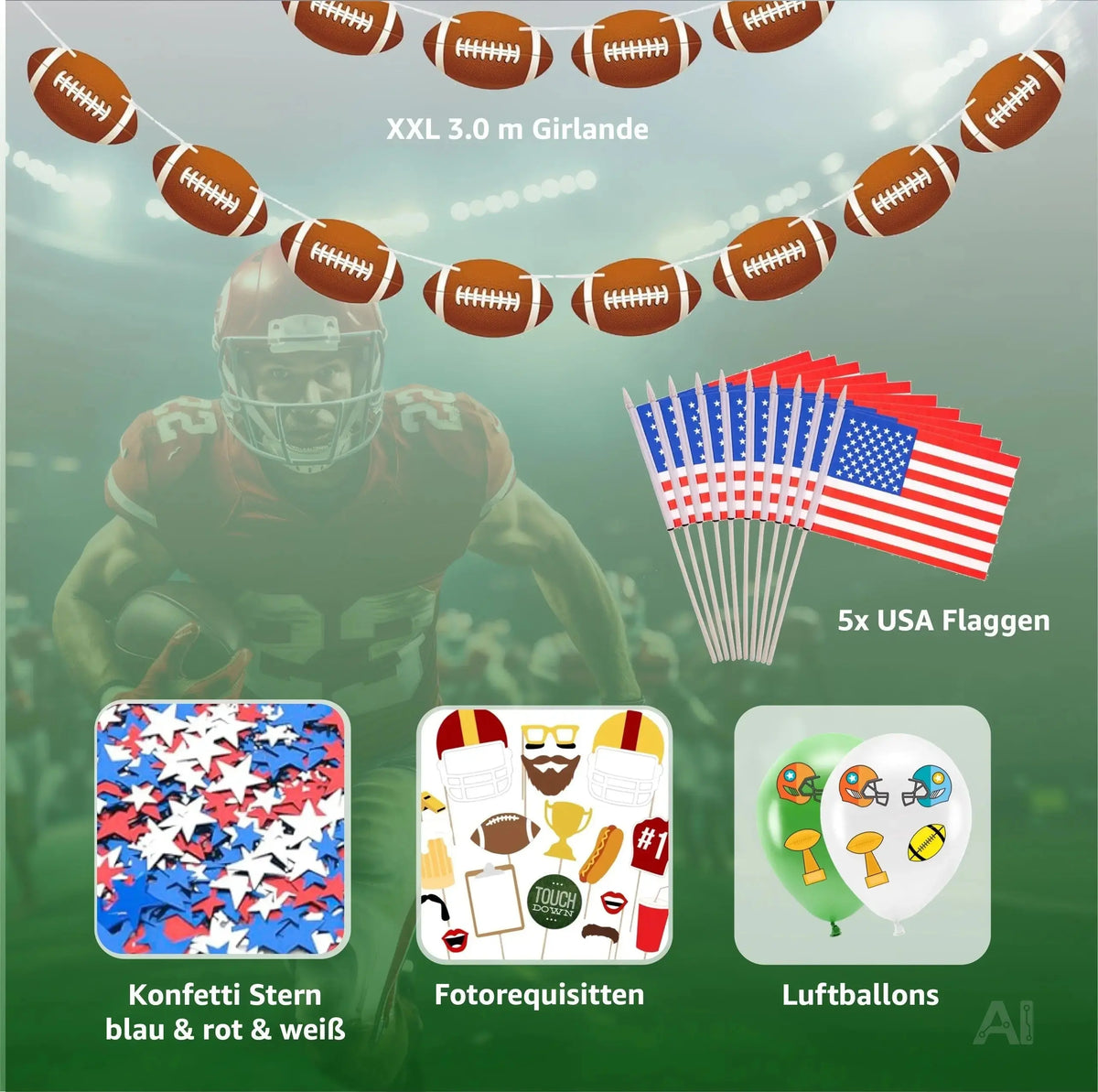 XXL Super Bowl Deko American Football NFL Dekoration Set über 100 Teile, Luftballons, Girlande – Detailansicht 2