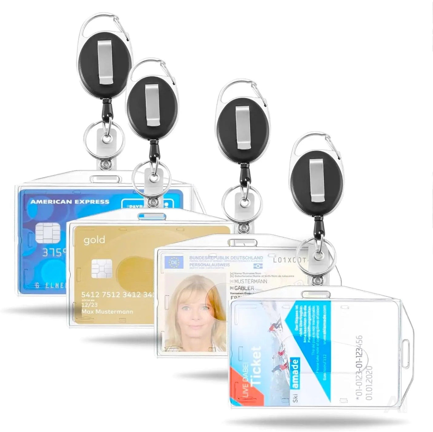 3x Premium Ausweishalter mit einziehbarer/ausziehbar Schlüsselanhänger - Ausweishülle