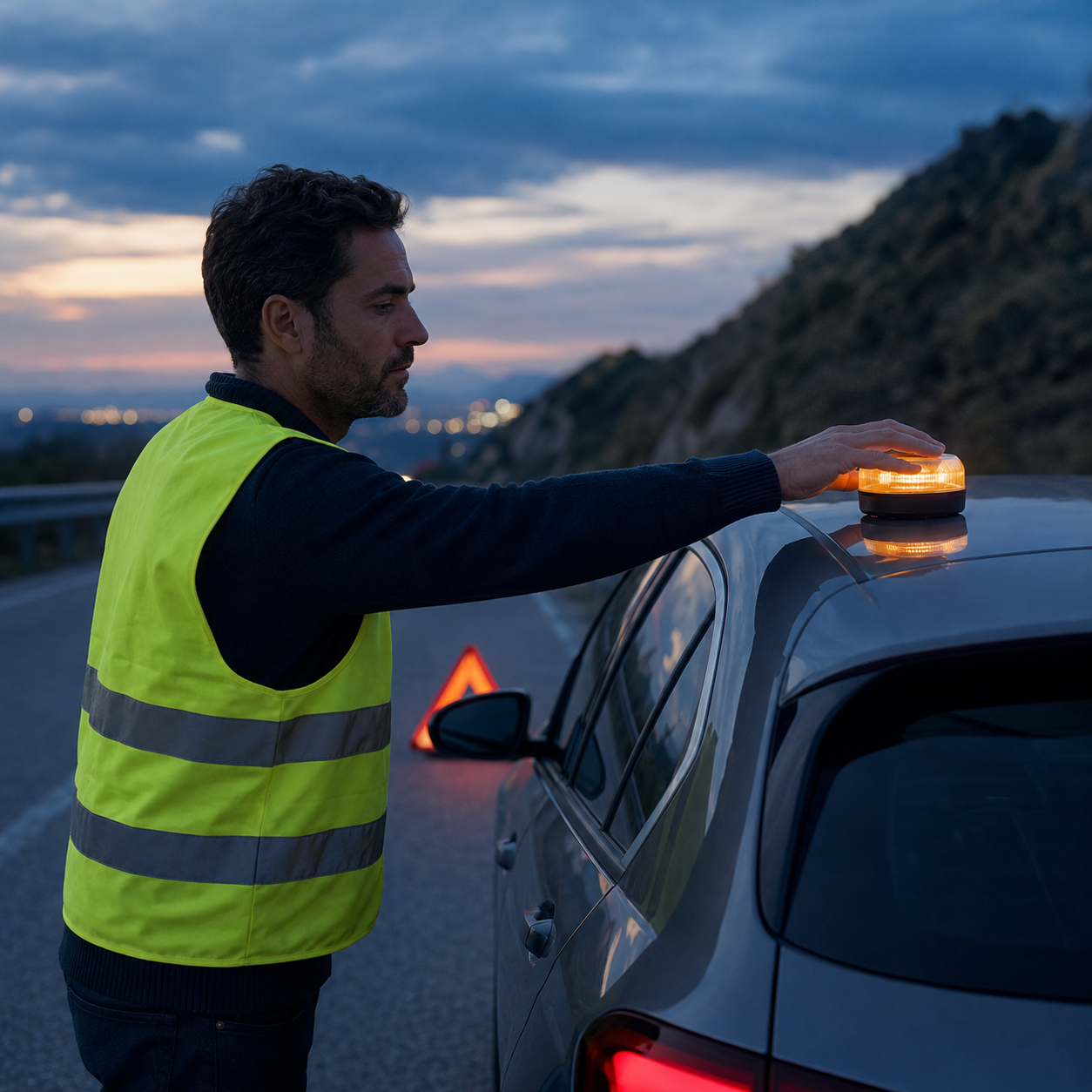 Autofahrer mit Warnweste platziert eine leuchtende V16-Warnleuchte auf dem Fahrzeugdach