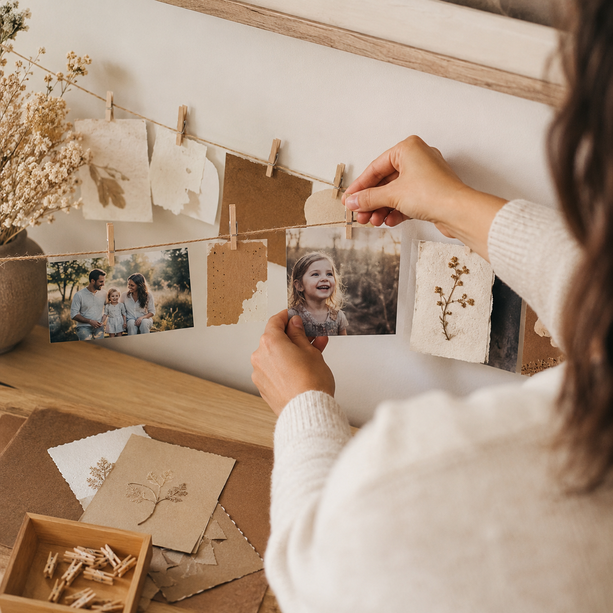 Mini-Holzklammern beim Befestigen von Fotos und Karten