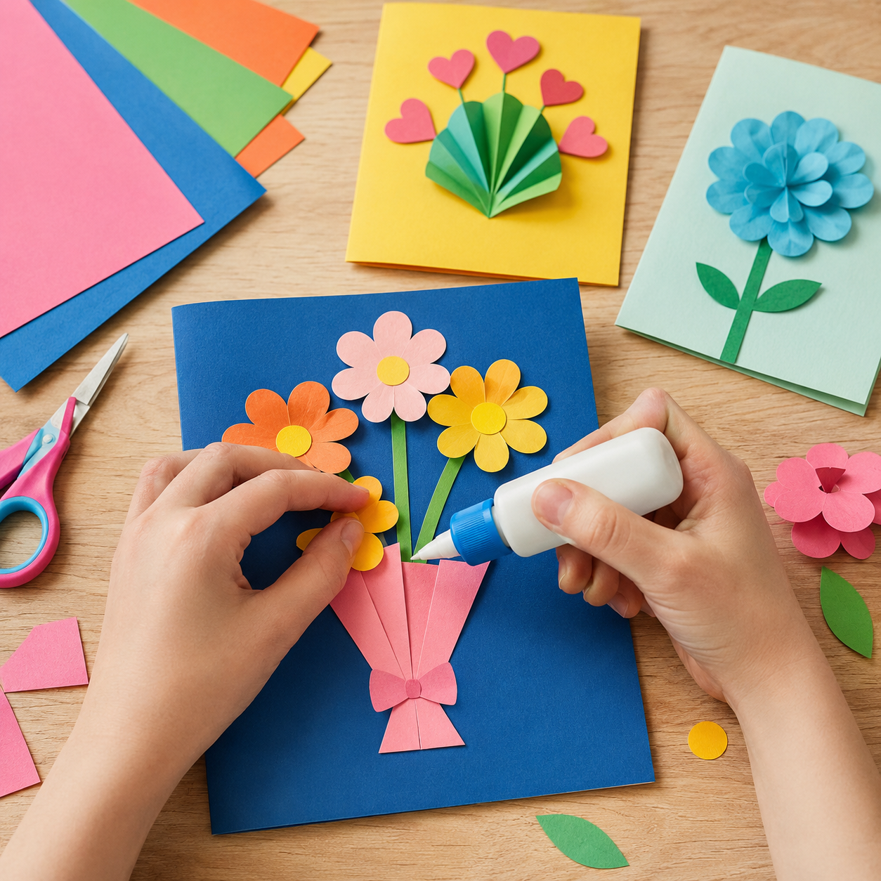 Hände gestalten eine farbenfrohe Karte aus Bastelpapier