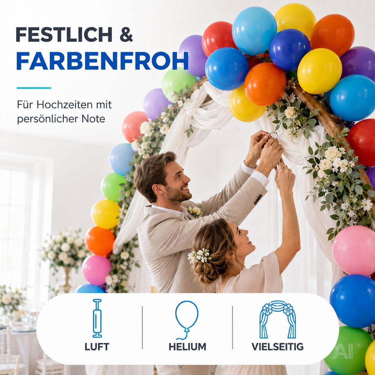 Bunte Luftballons als festliche Dekoration bei einer Hochzeit