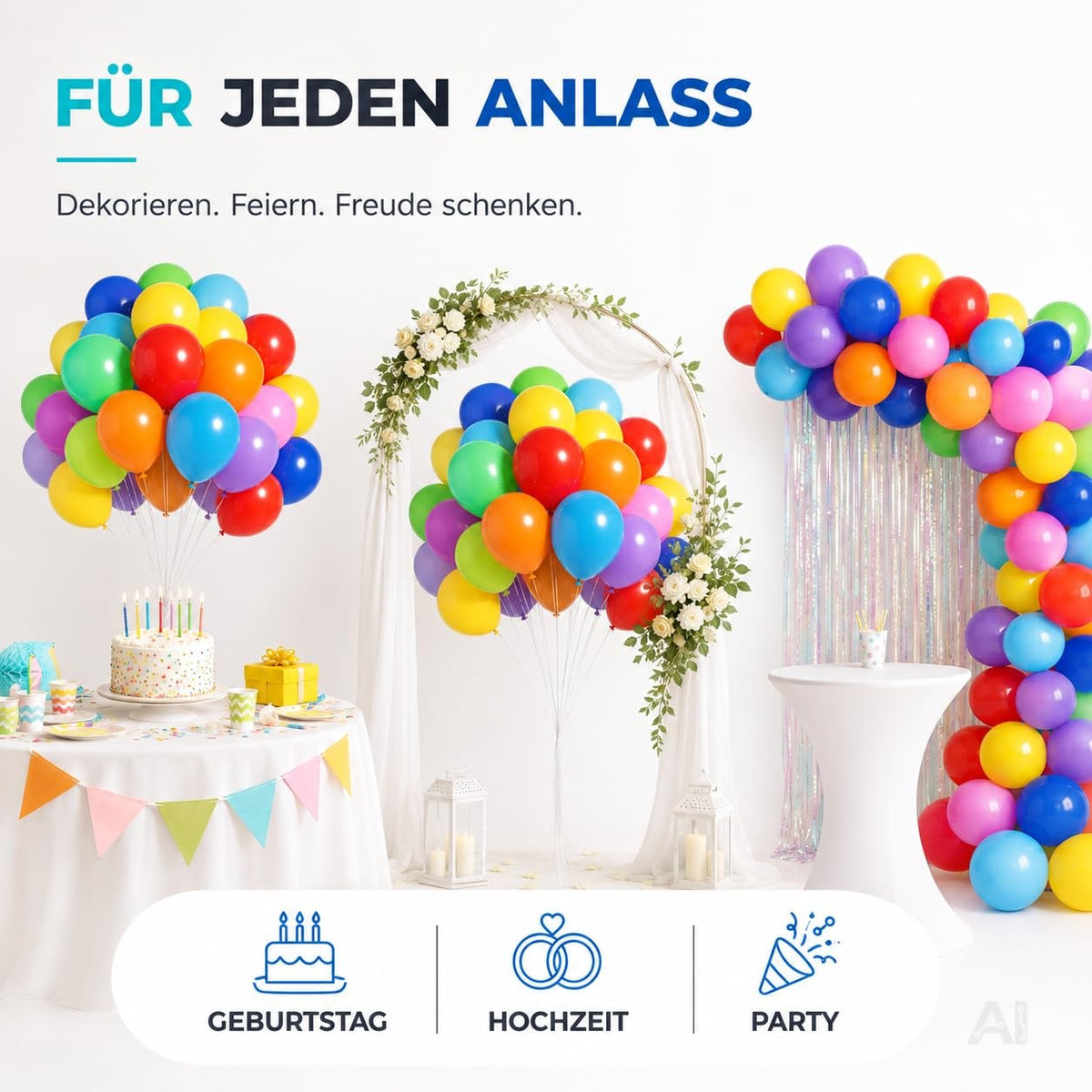 Bunte Ballons in verschiedenen Dekorationsideen für Feiern