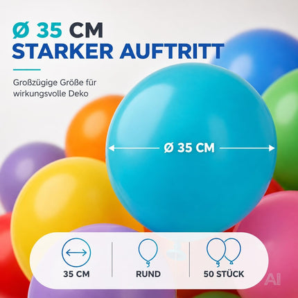 Bunte Luftballons mit Darstellung des Durchmessers von 35 cm