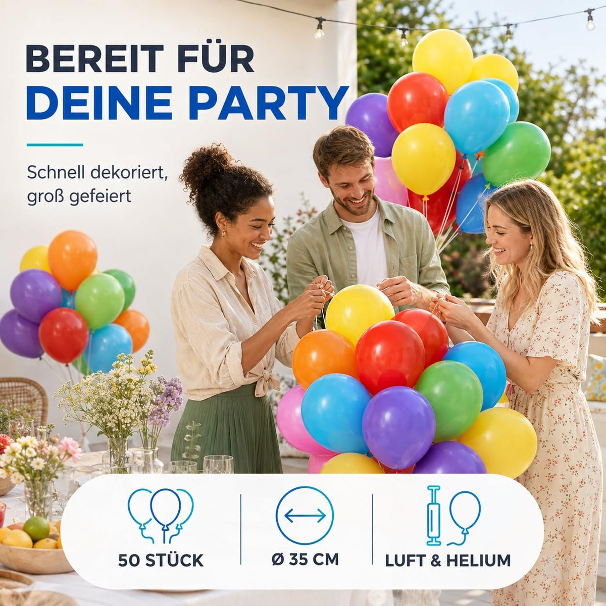 Bunte Luftballons als Dekoration einer Gartenparty