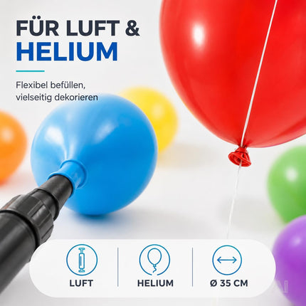 Darstellung der Befüllung bunter Luftballons mit Luft und Helium