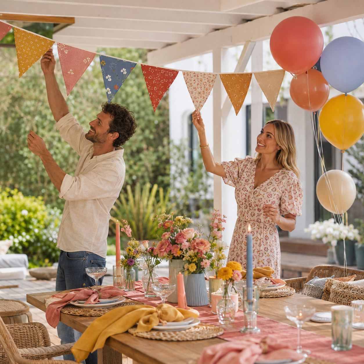Zwei Personen dekorieren eine Gartenfeier mit Wimpelketten, Luftballons und Tischdekoration