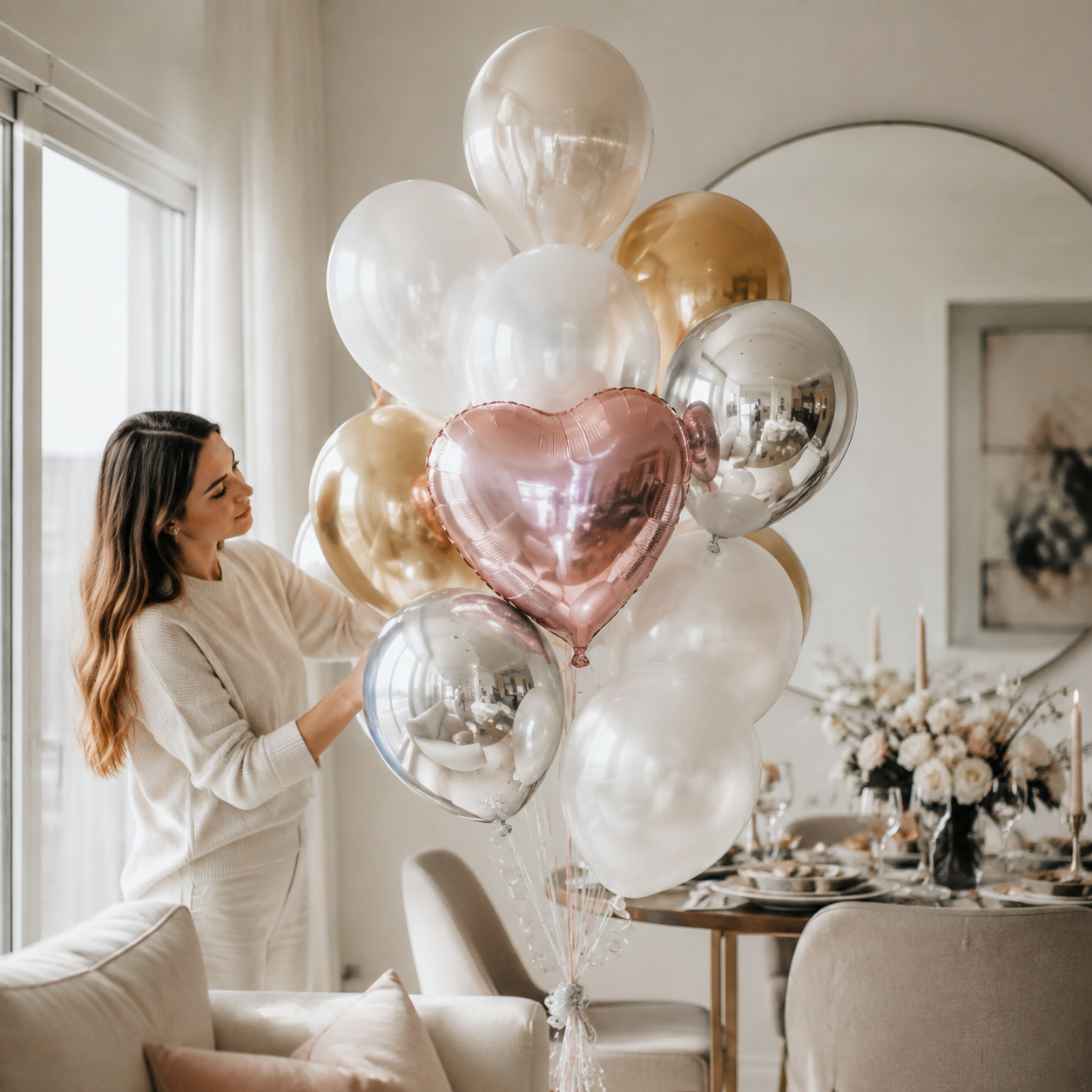 Elegante Ballondekoration in Weiß, Gold, Silber und Rosé