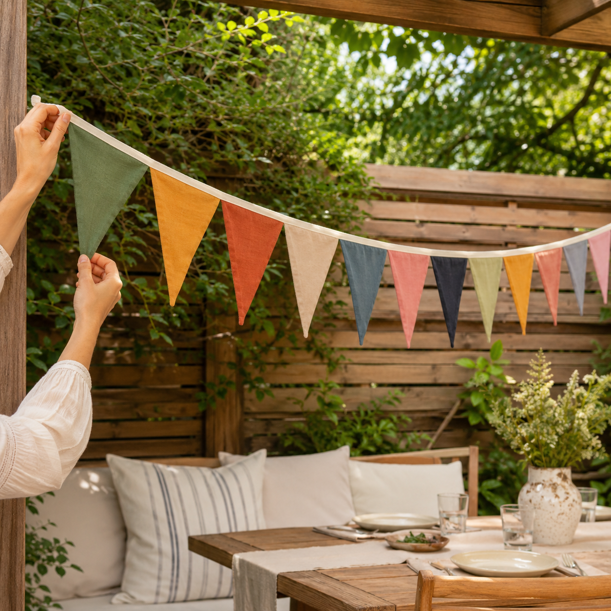 Bunte Stoffwimpelkette wird auf einer Terrasse aufgehängt