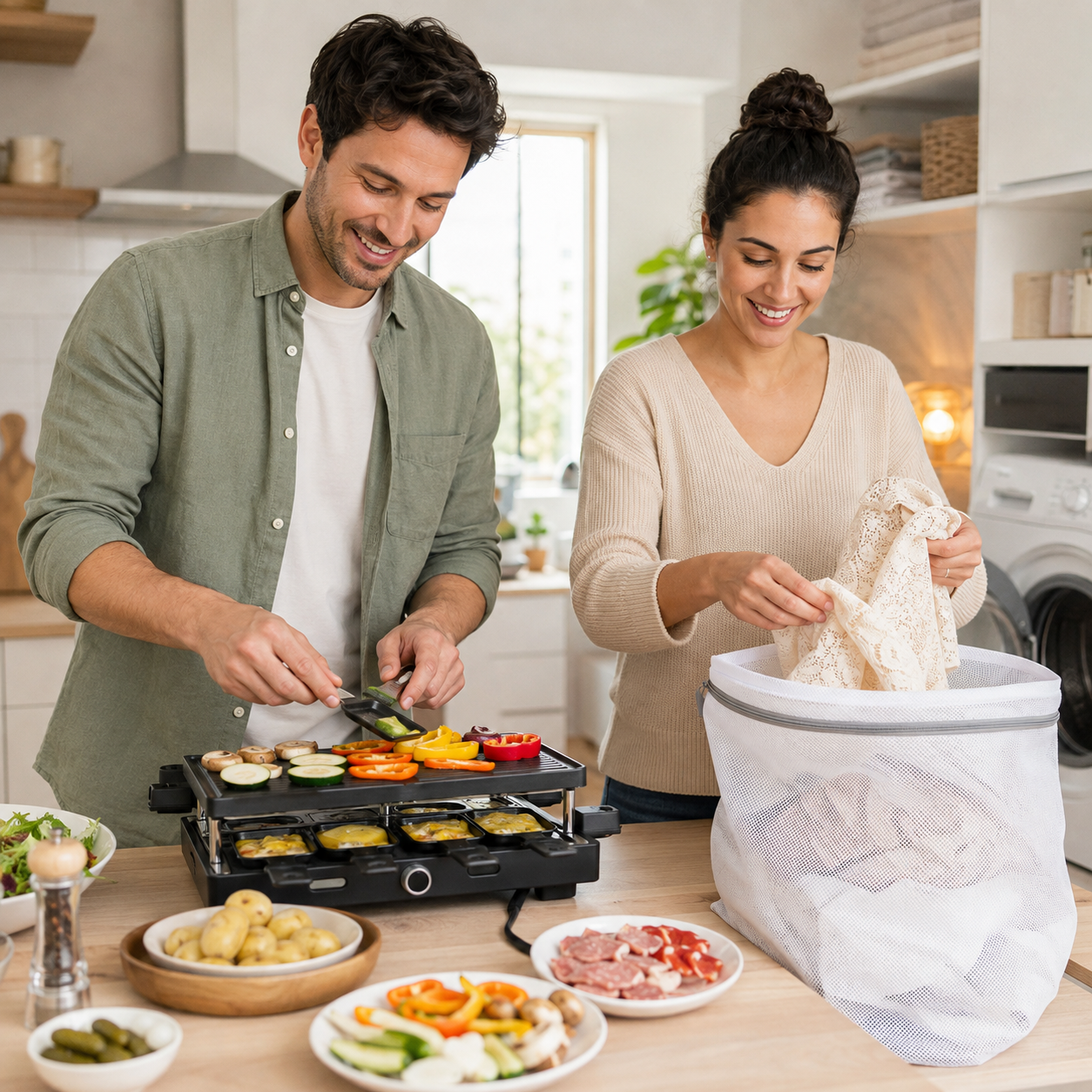 Zwei Personen verwenden Raclette-Grill und Wäschenetz in einer modernen Wohnküche