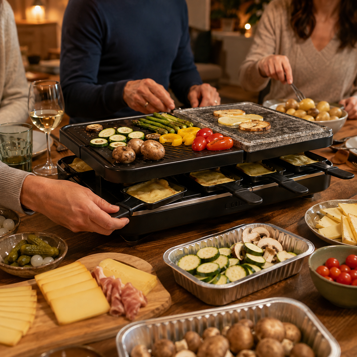 Raclette-Grill mit Pfännchen, Grillplatte und Aluminiumschalen wird gemeinsam verwendet