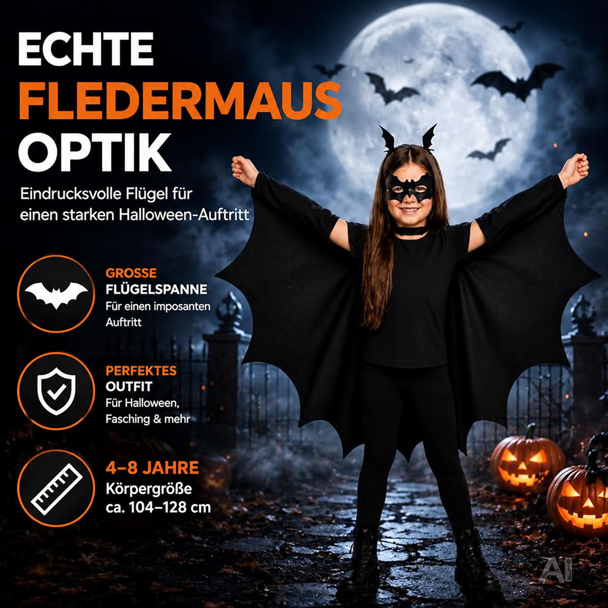 Fledermaus Kostüm Kinder – 4 in 1 Halloween Set ab 4 Jahren