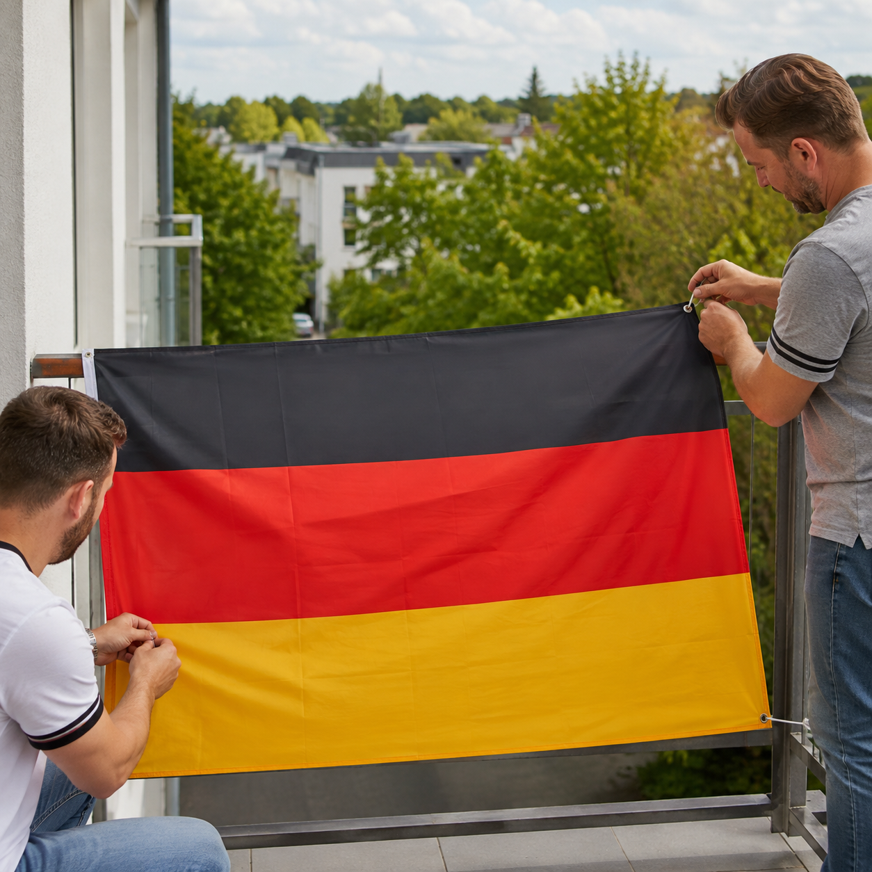 Deutschlandflagge mit Metallösen wird an einem Balkon befestigt