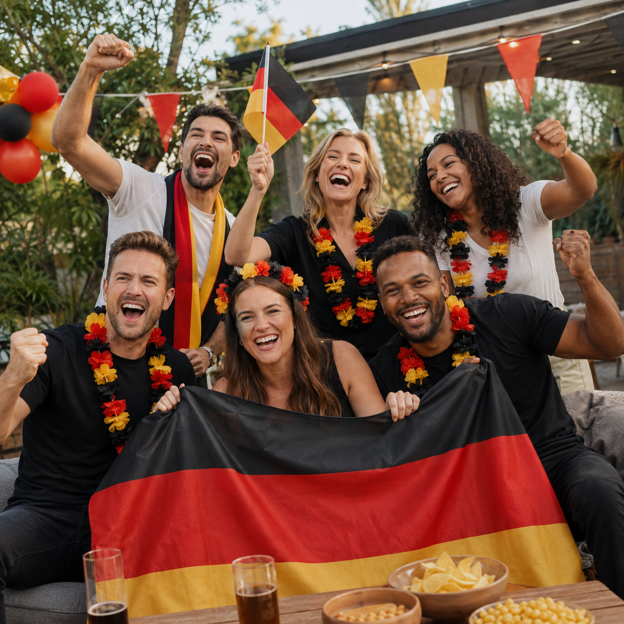 Fußballfans feiern gemeinsam mit Deutschlandflagge und Fanartikeln