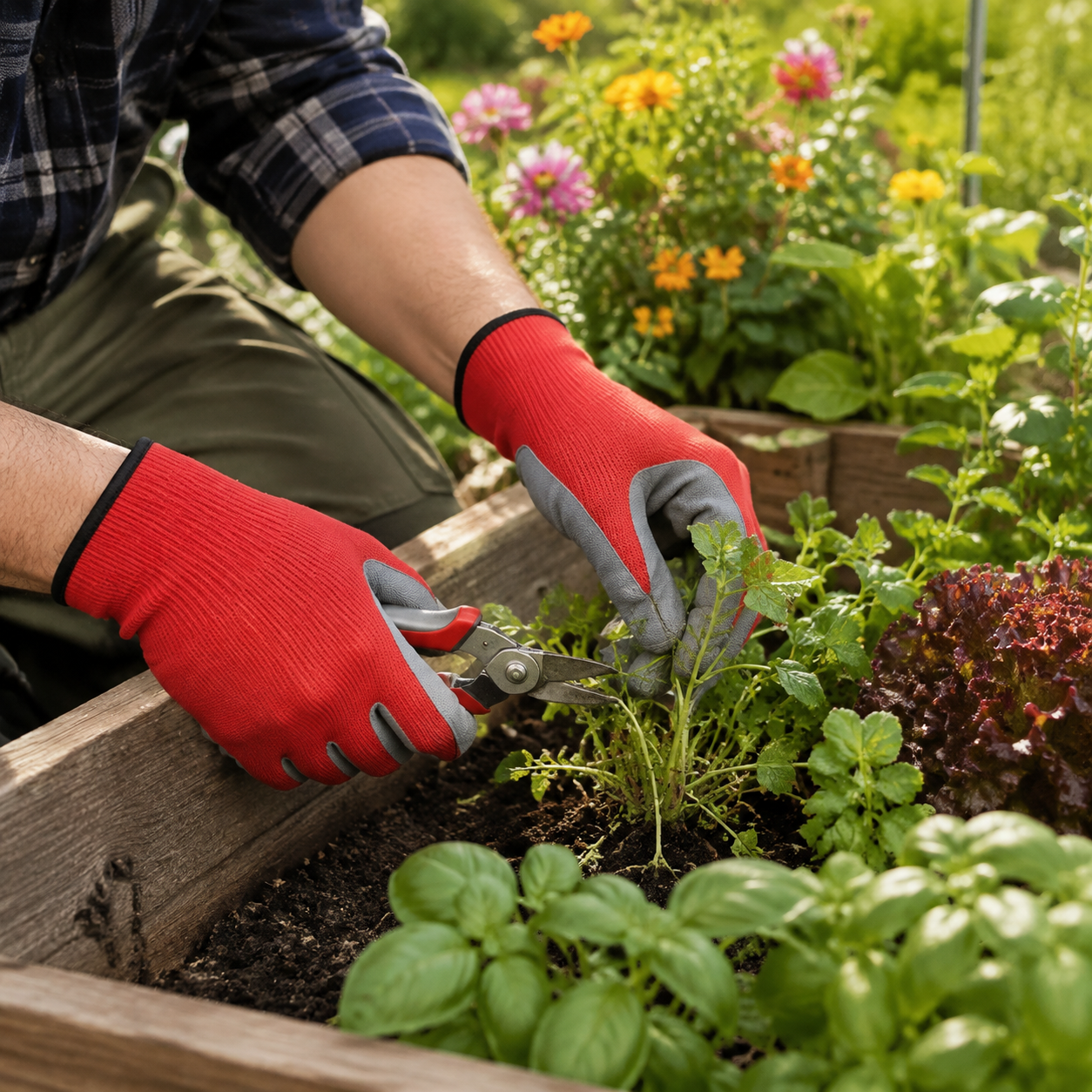 Rote und graue Gartenhandschuhe werden bei der Pflanzenpflege verwendet