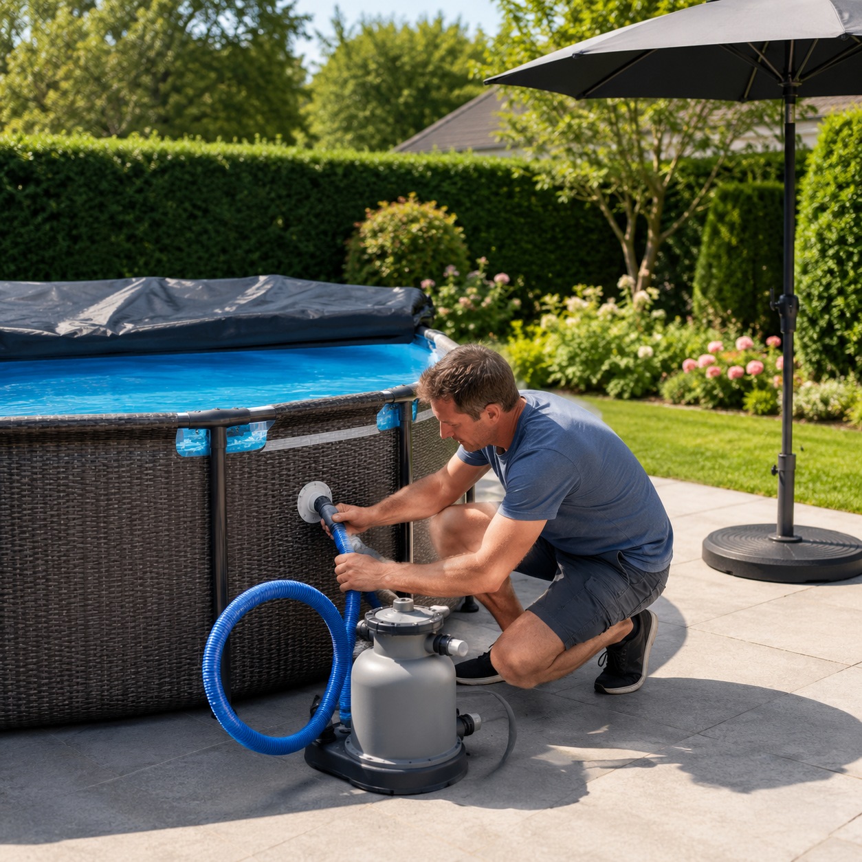 Poolschlauch und weiteres Poolzubehör werden an einem Gartenpool verwendet