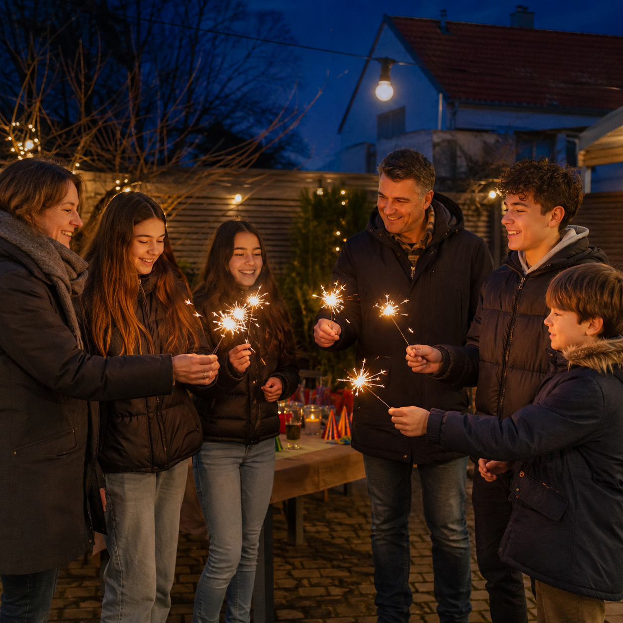 Familie feiert im Garten gemeinsam mit leuchtenden Wunderkerzen