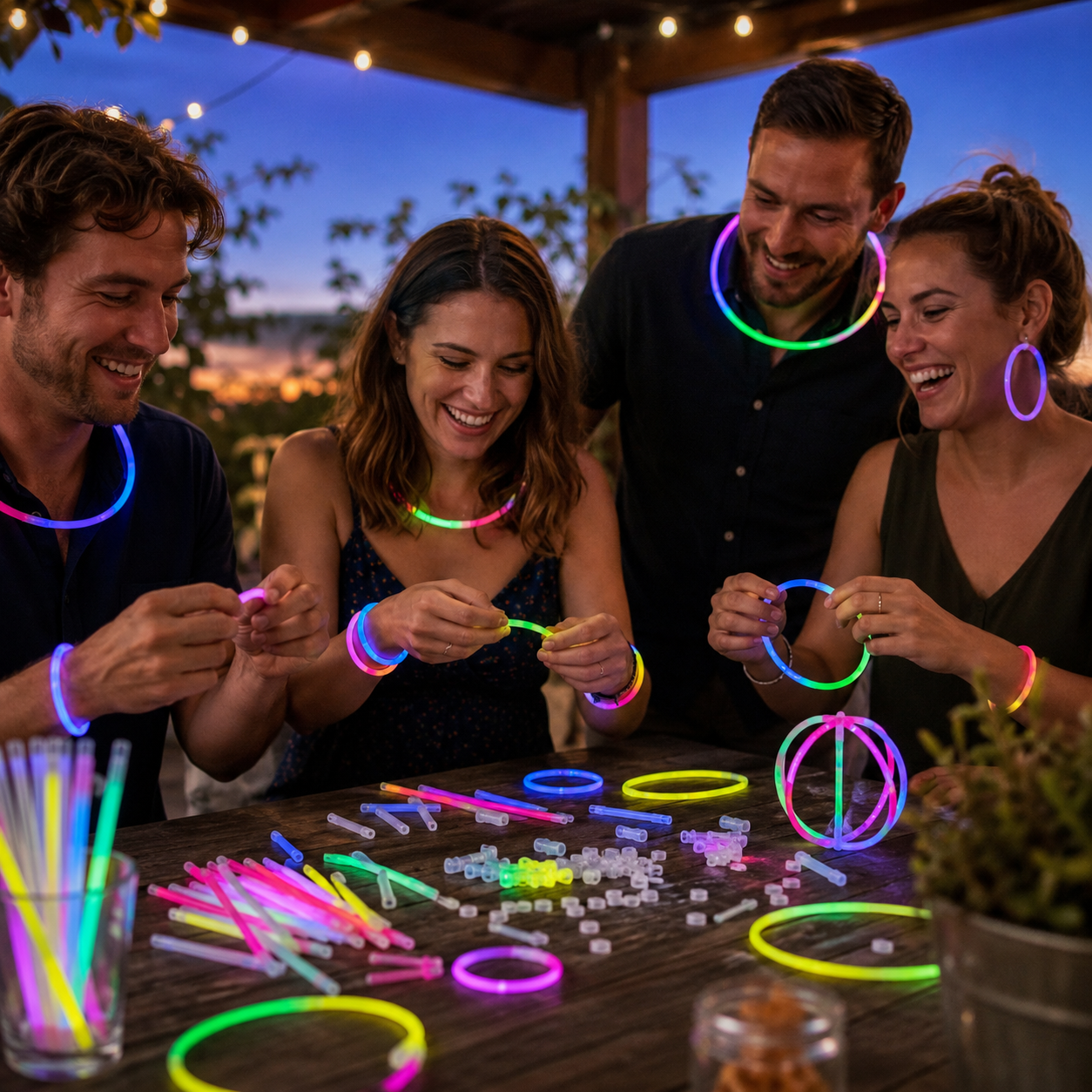 Freunde gestalten leuchtende Armbänder und Ketten aus bunten Knicklichtern