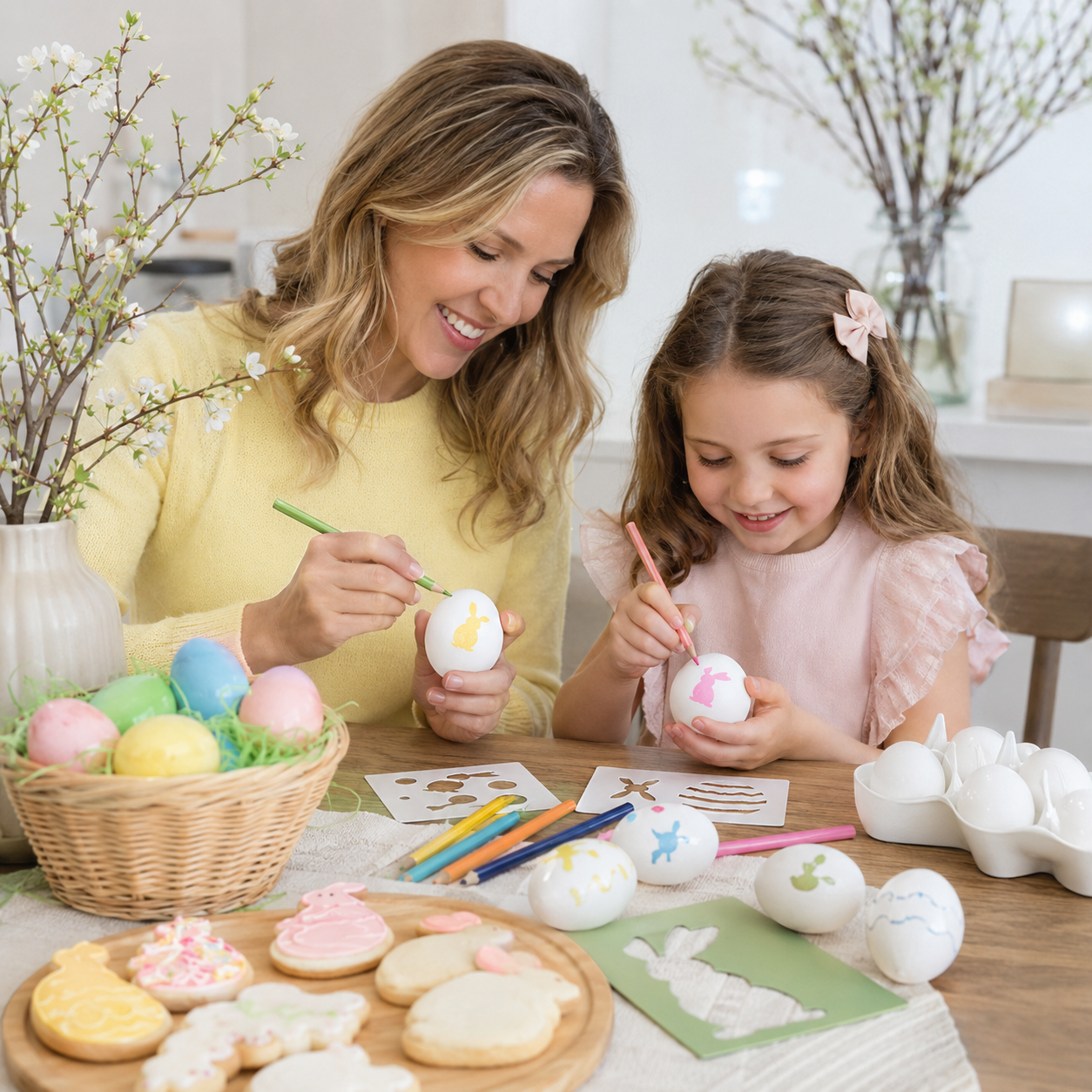 Mutter und Kind bemalen Ostereier und gestalten gemeinsam Osterdekoration