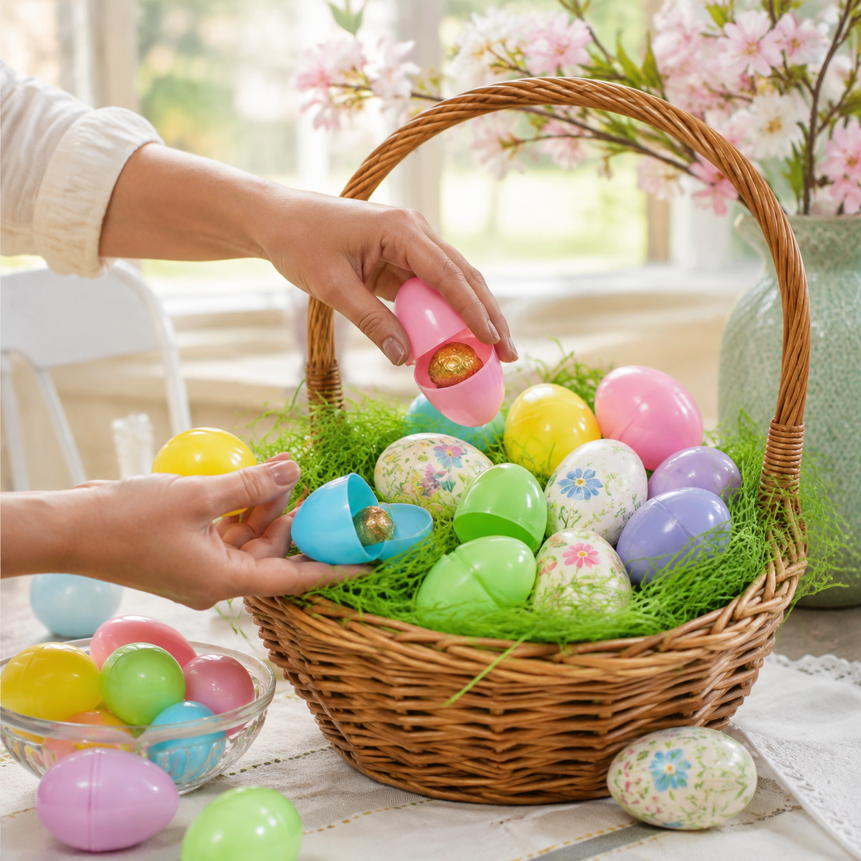 Bunte befüllbare Ostereier werden in einem Korb mit Ostergras arrangiert