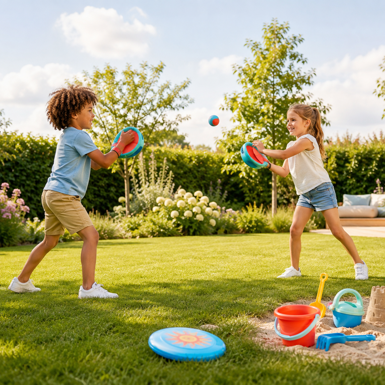 Zwei Kinder spielen gemeinsam mit buntem Outdoor-Spielzeug in einem sonnigen Garten