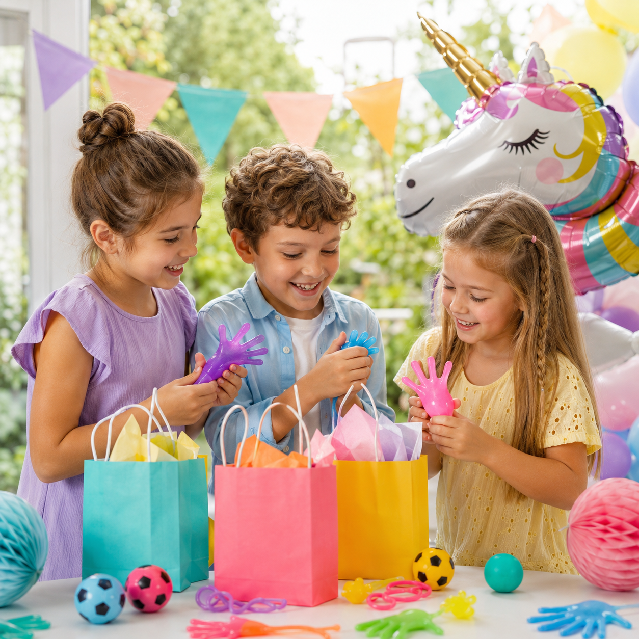 Kinder freuen sich bei einer Geburtstagsparty über bunte Mitgebsel und kleine Spielsachen