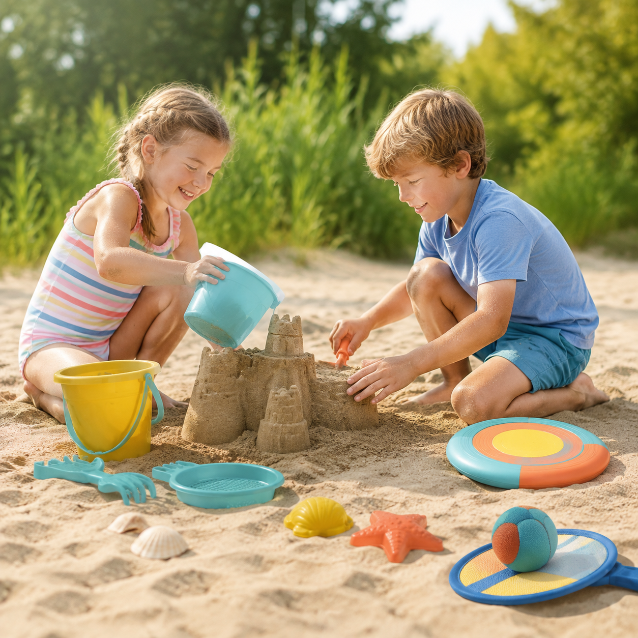 Zwei Kinder bauen mit buntem Sandspielzeug eine Sandburg; daneben liegen Wurfspiele