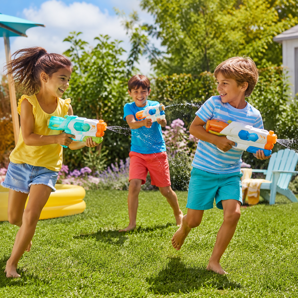 Kinder spielen im Garten mit bunten Wasserpistolen