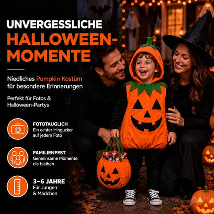 Kinder Kürbis Kostüm ab 3 Jahren – Halloween Set mit Tragetasche