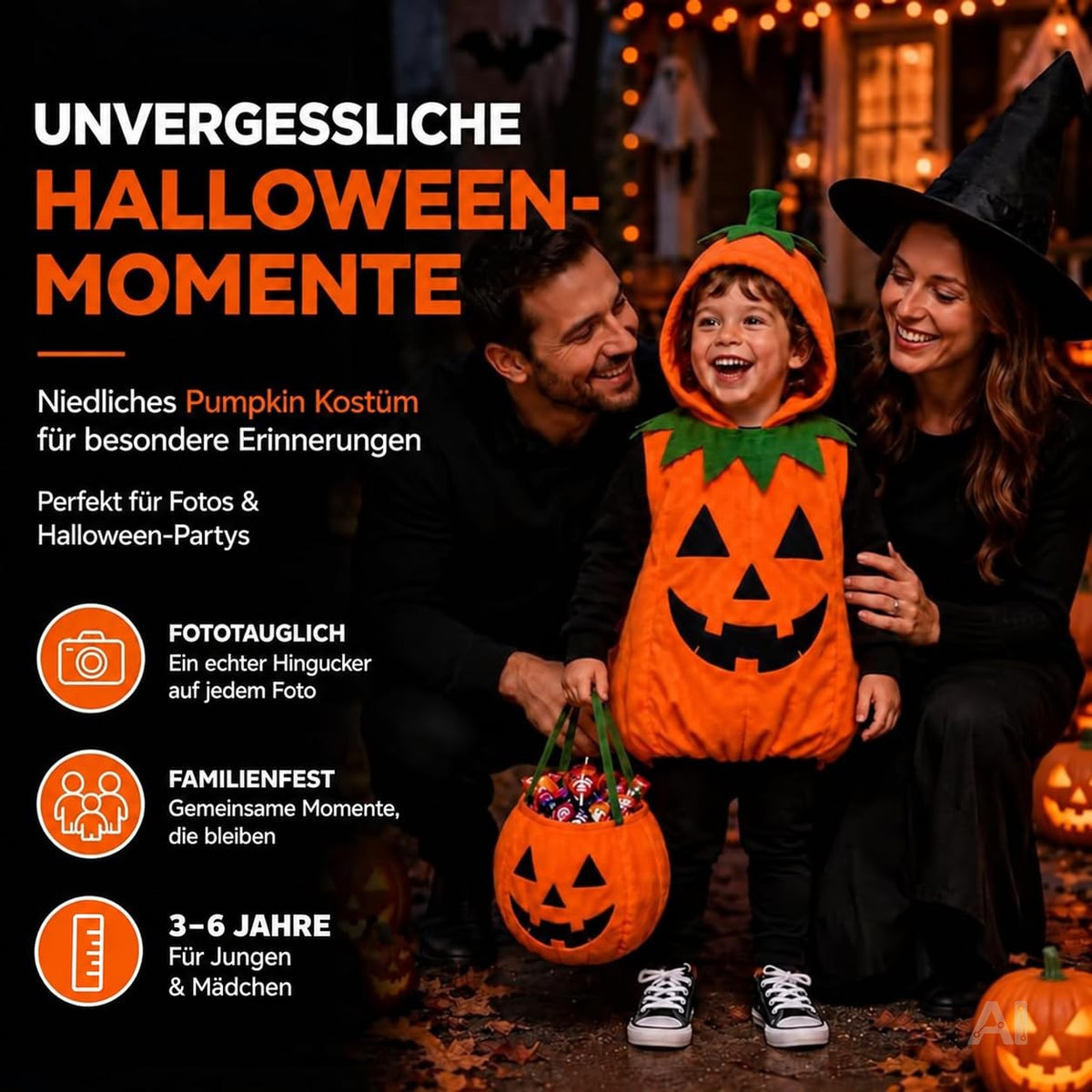Kinder Kürbis Kostüm ab 3 Jahren – Halloween Set mit Tragetasche