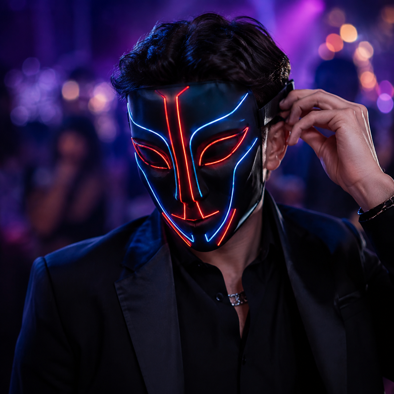 Originale schwarz-rote und blaue LED-Kostümmaske wird auf einer Party getragen