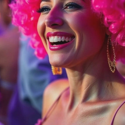 Afro-Lockenkopf-Perücke Wig (Pink) – Vokuhila-Kostüm zu Retro neon 80er 90er Outfit – für Fasching & Karneval