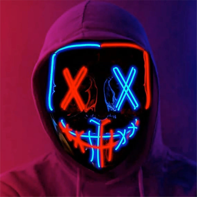 FASCHINFEVER LED Purge Maske blau/rot mix - Kostümmaske steuerbar für Halloween, Fasching & Karneval als Kostüm für Herren & Damen