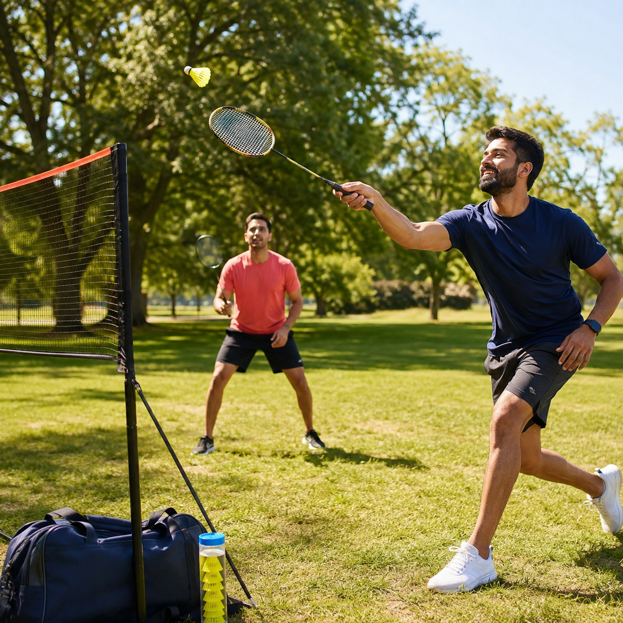 Zwei Freunde spielen im Park Badminton mit gut sichtbaren gelben Federbällen